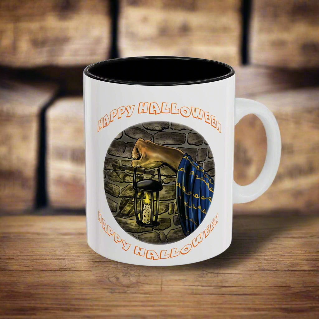 Halloween Wizard Coffee Mug with vibrant design, available in 11oz and 15oz, microwave and dishwasher safe.