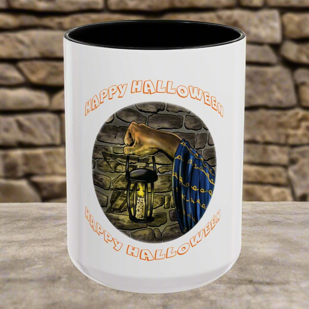 Halloween Wizard Coffee Mug with vibrant design, ideal for microwave and dishwasher use, available in 11oz and 15oz sizes.