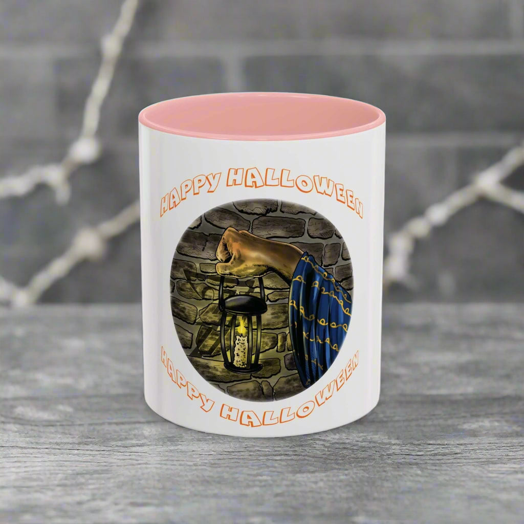 Halloween Wizard Coffee Mug with vibrant design, pink interior, and C-shaped handle.