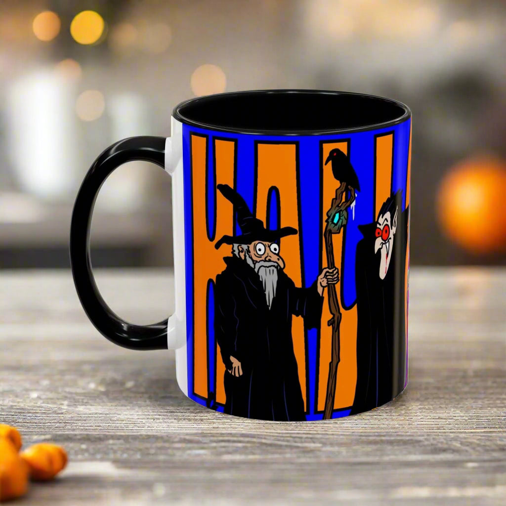 Halloween coffee mug, vibrant design, available in 11oz and 15oz sizes.
