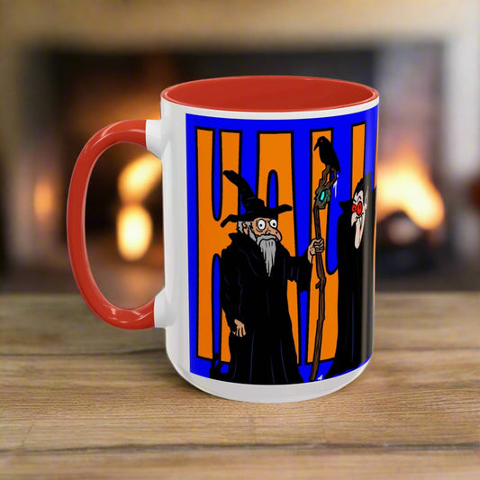 Halloween coffee mug with spooky design, available in 11oz and 15oz sizes, featuring vibrant colors and a colorful interior. Ideal for Halloween enthusiasts.