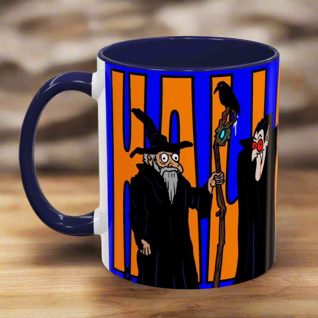 Halloween coffee mug with vibrant design, 11 or 15oz, spooky gift idea.