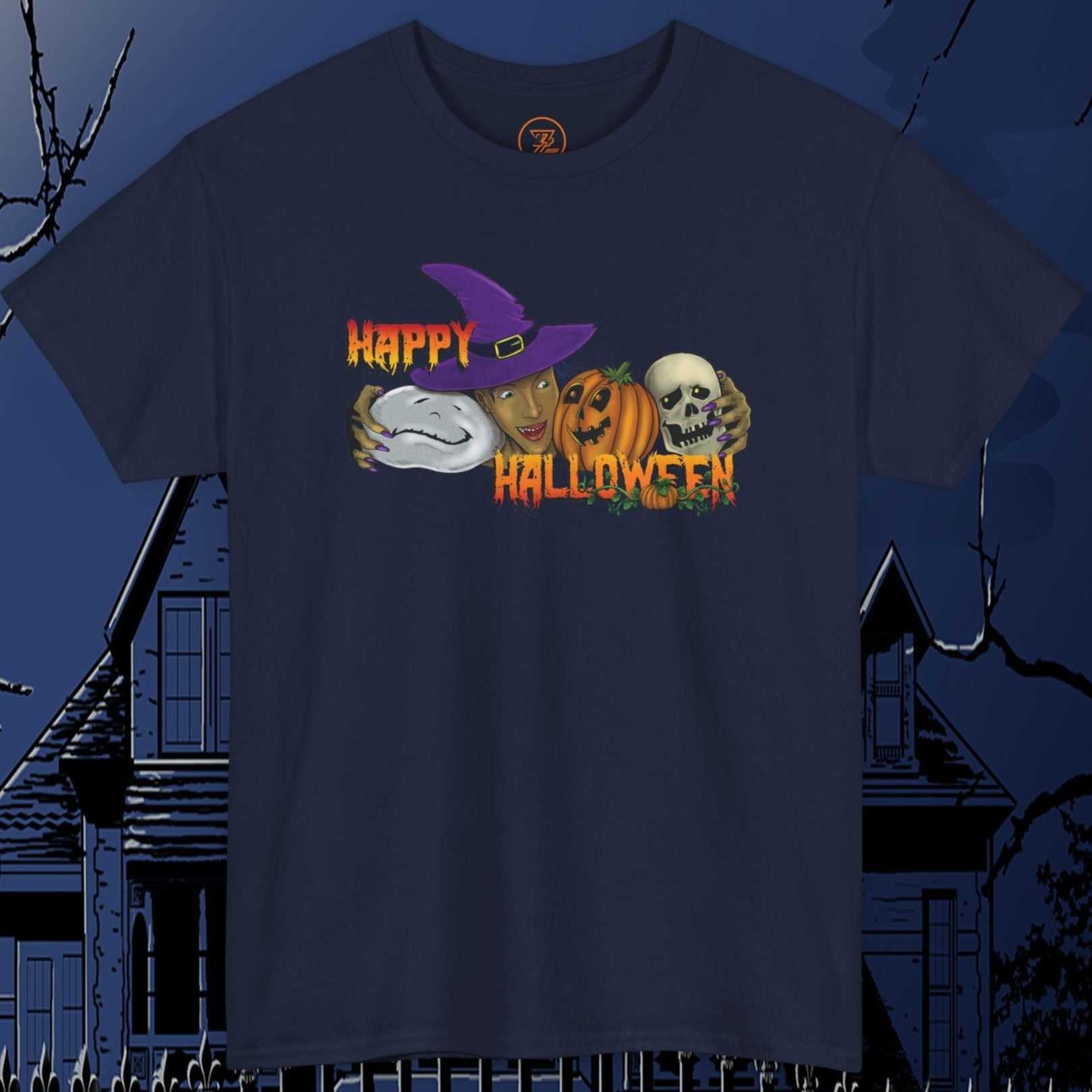 Halloween witch T-shirt with cartoon skeleton and pumpkin design on navy blue fabric