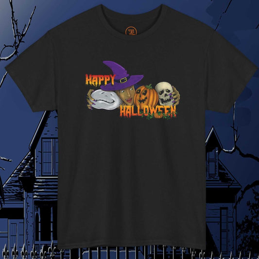 Halloween witch T-shirt with cartoon skeleton, pumpkin, and "Happy Halloween" text on black heavy cotton fabric