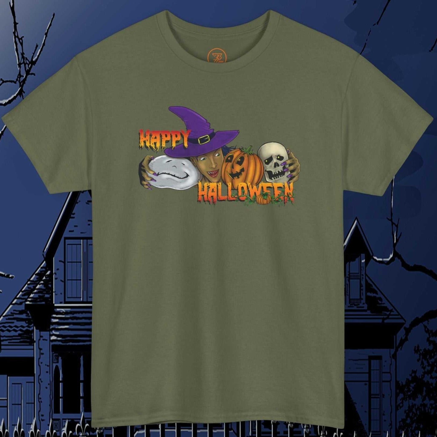 Halloween witch t-shirt with cartoon skeleton and pumpkin design, green unisex cotton tee for Halloween celebration