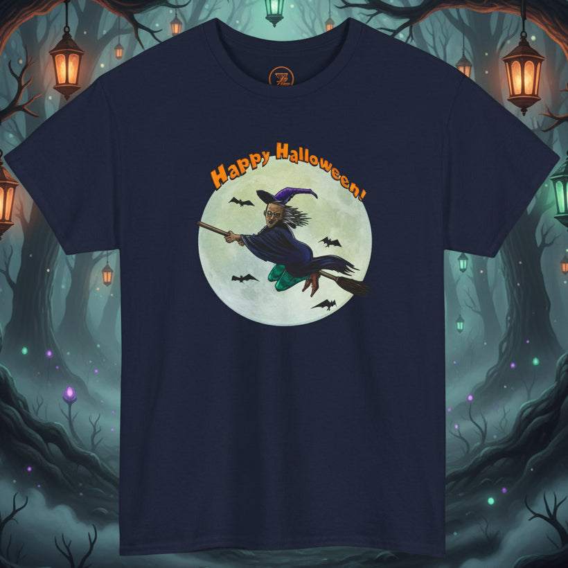 Halloween witch tee with flying witch and full moon design on navy blue shirt