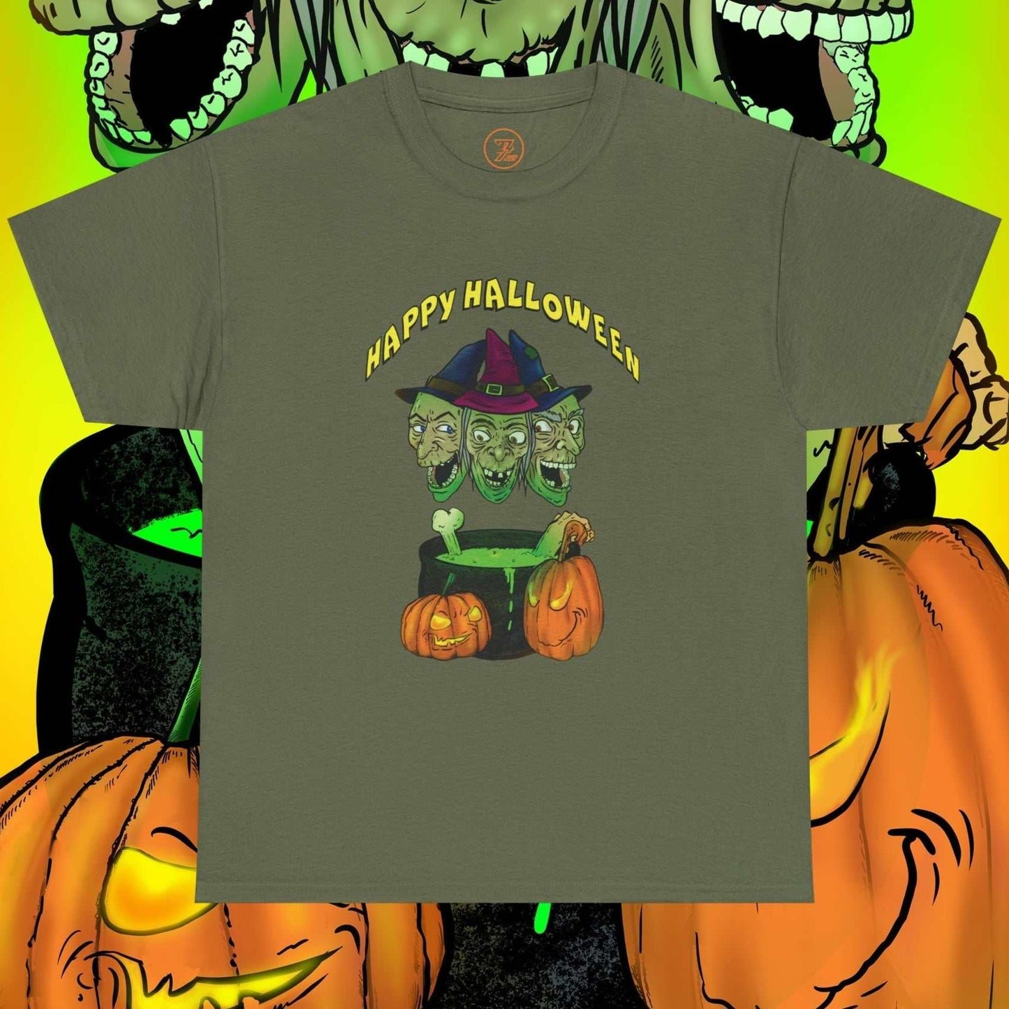 Halloween witches tee with three-headed witch illustration, pumpkins, and "Happy Halloween" text on olive green shirt