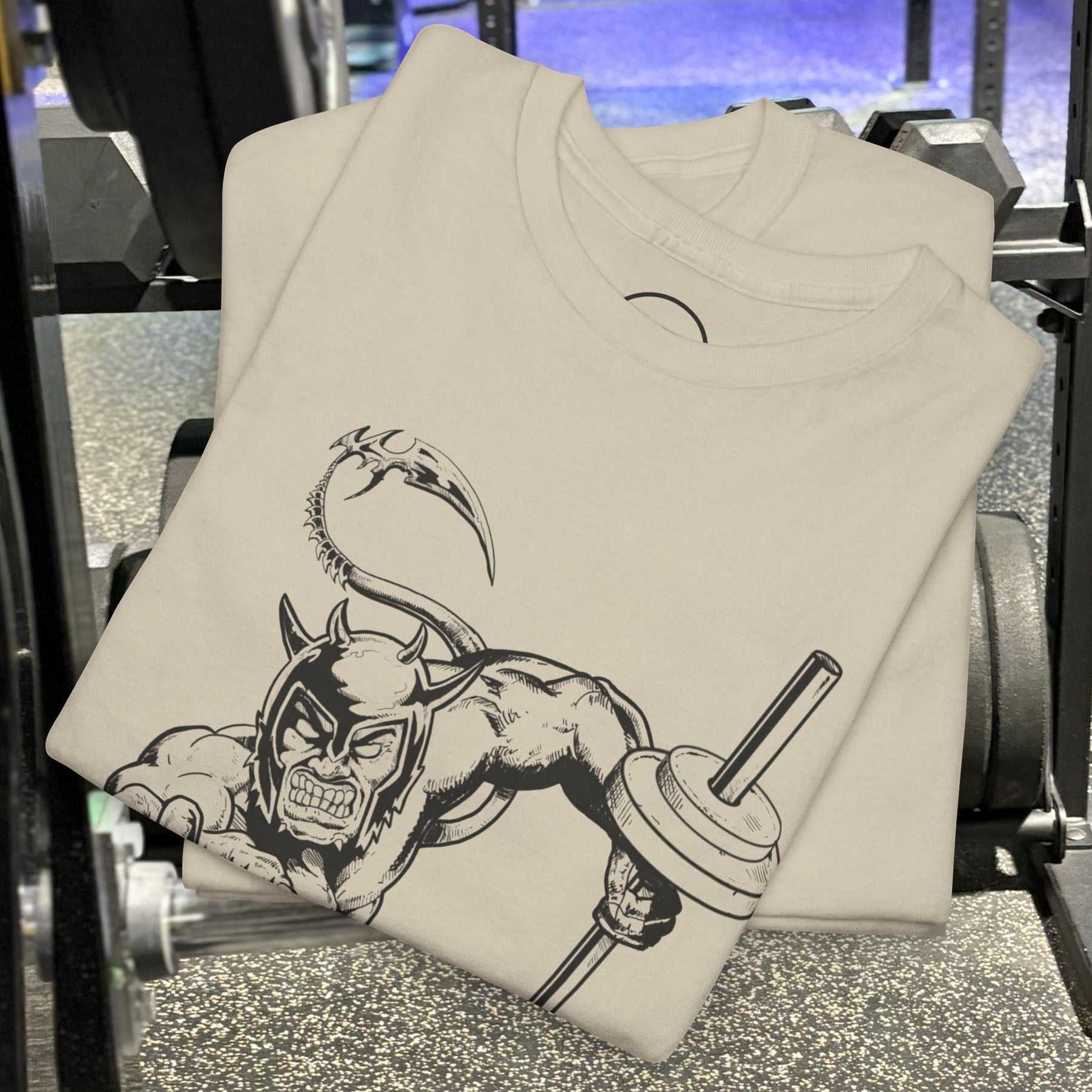 Hand-drawn comic-style gym tee with bold fantasy illustration on soft, durable cotton fabric