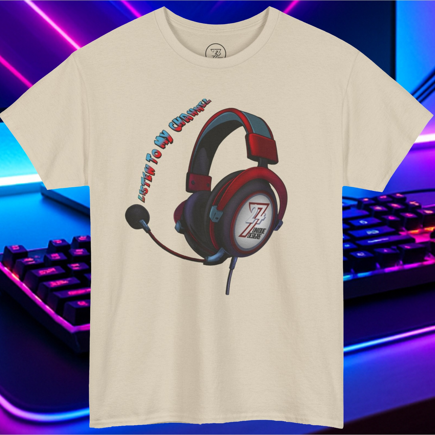 custom t-shirt with headphone graphic and "Listen To My Channel" slogan for streamers and content creators