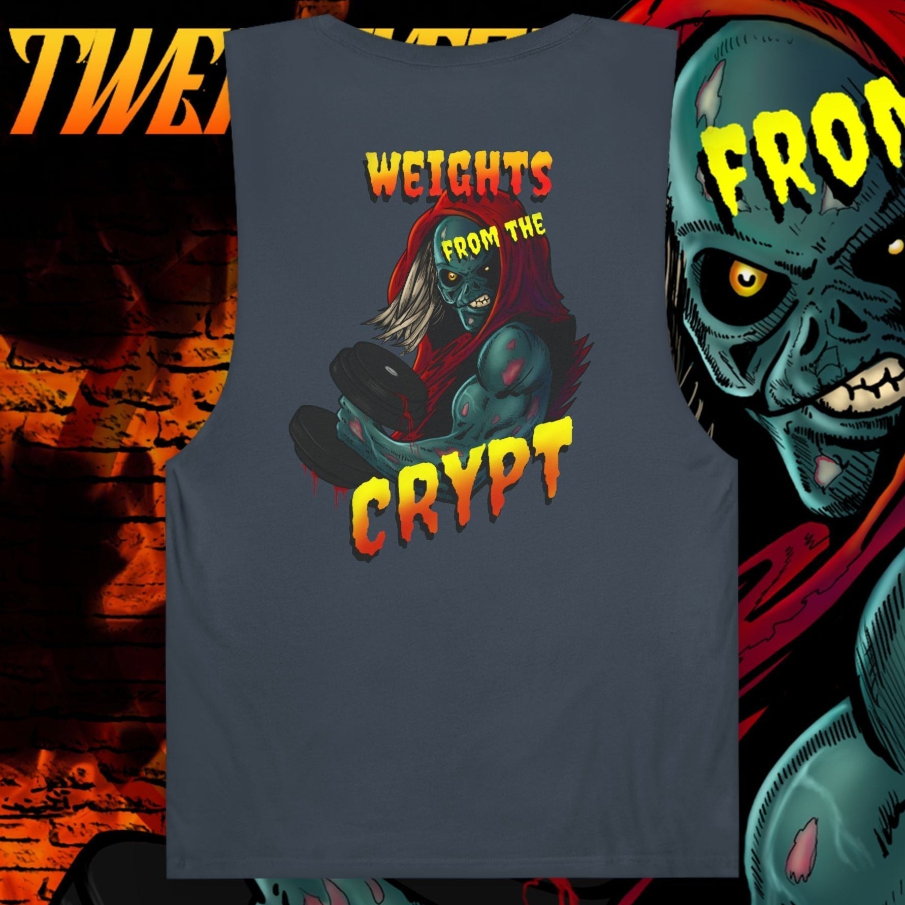 Horror Comic Gym Tank with zombie weightlifter graphic and "Weights From the Crypt" text on breathable sleeveless shirt
