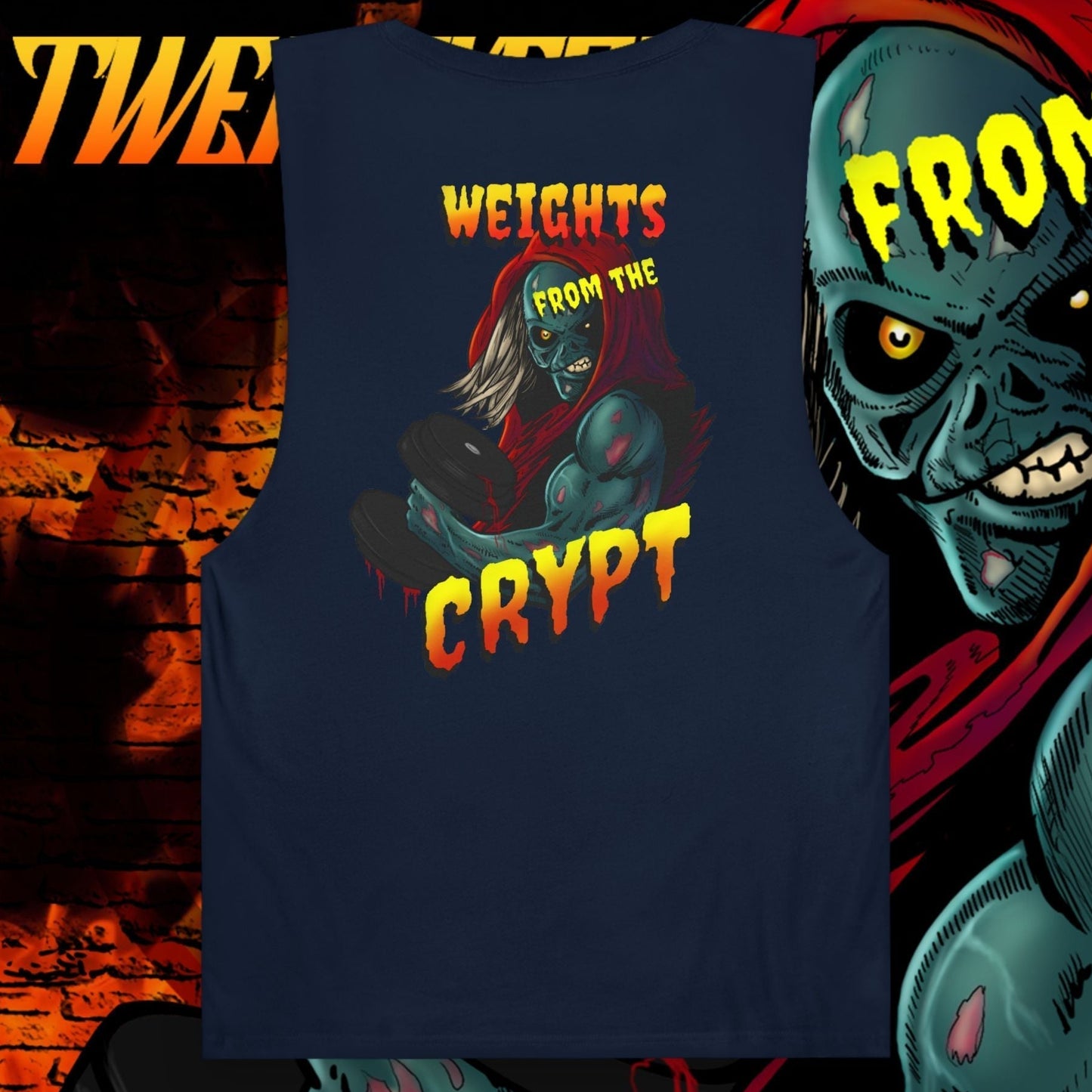 Horror comic gym tank top with zombie lifting weights graphic and "Weights From The Crypt" text in bold colors
