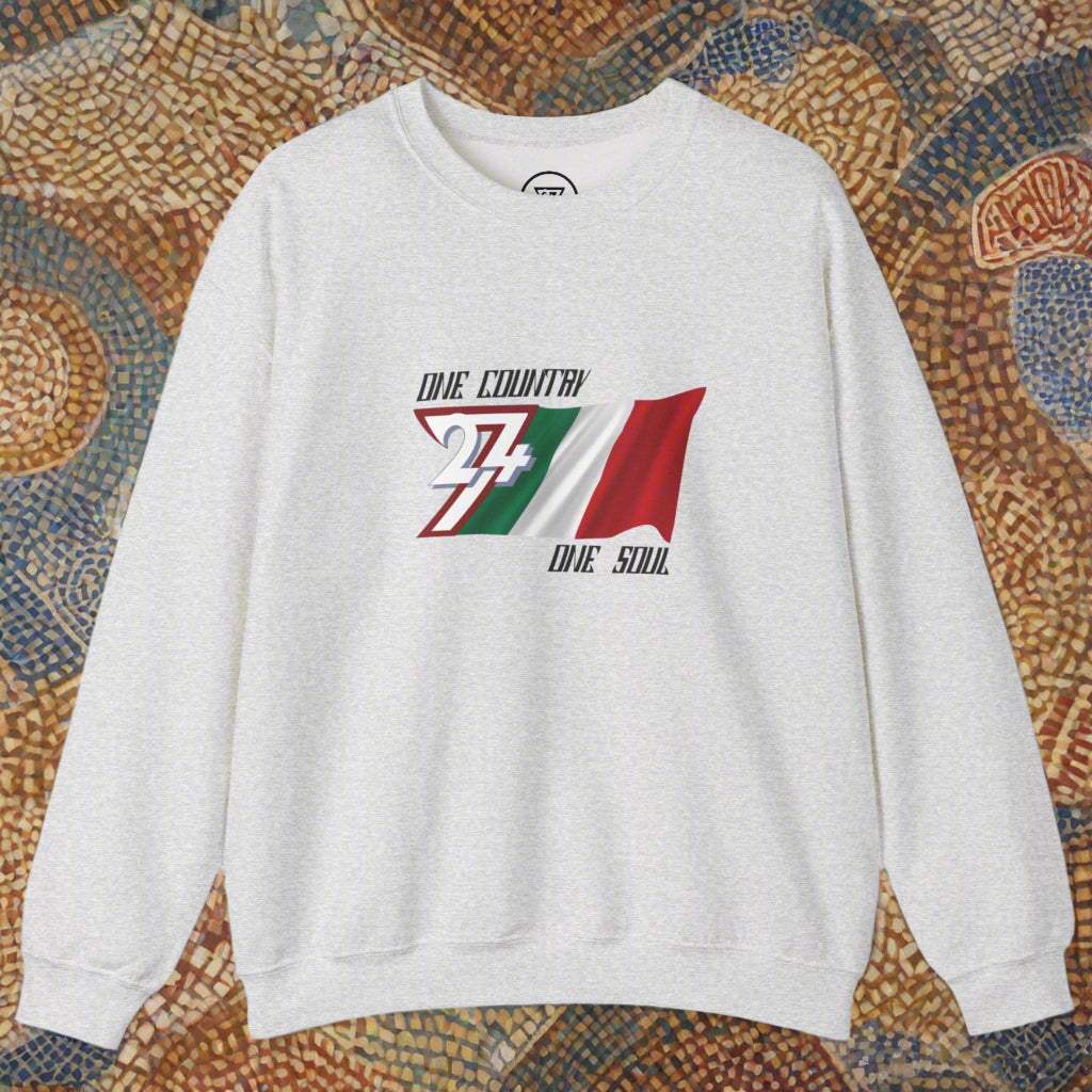 Italian flag inspired grey sweatshirt with unique hand-drawn design and patriotic slogan, perfect for sports events and national pride.