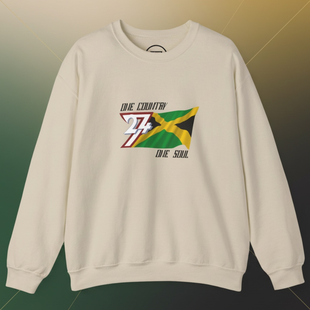 Jamaica Flag Crewneck Sweatshirt with hand-drawn flag and "One Country One Soul" text on cream knit fabric