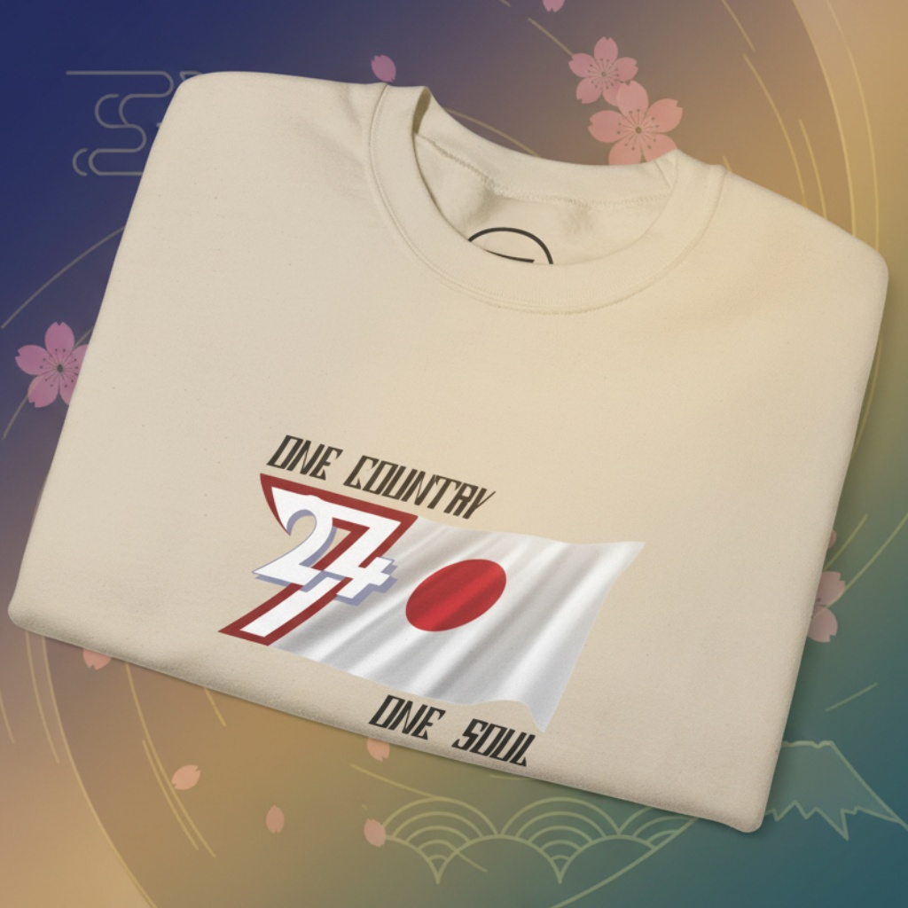 Japan Flag Crewneck Sweatshirt with hand-drawn vibrant national flag design and "One Country One Soul" text on beige cotton blend fabric