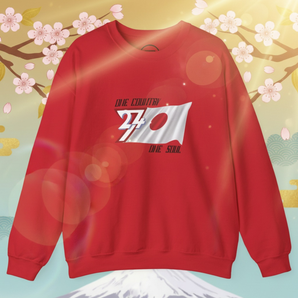 Japan Flag Crewneck Sweatshirt with hand-drawn vibrant national flag design on red cotton blend fabric