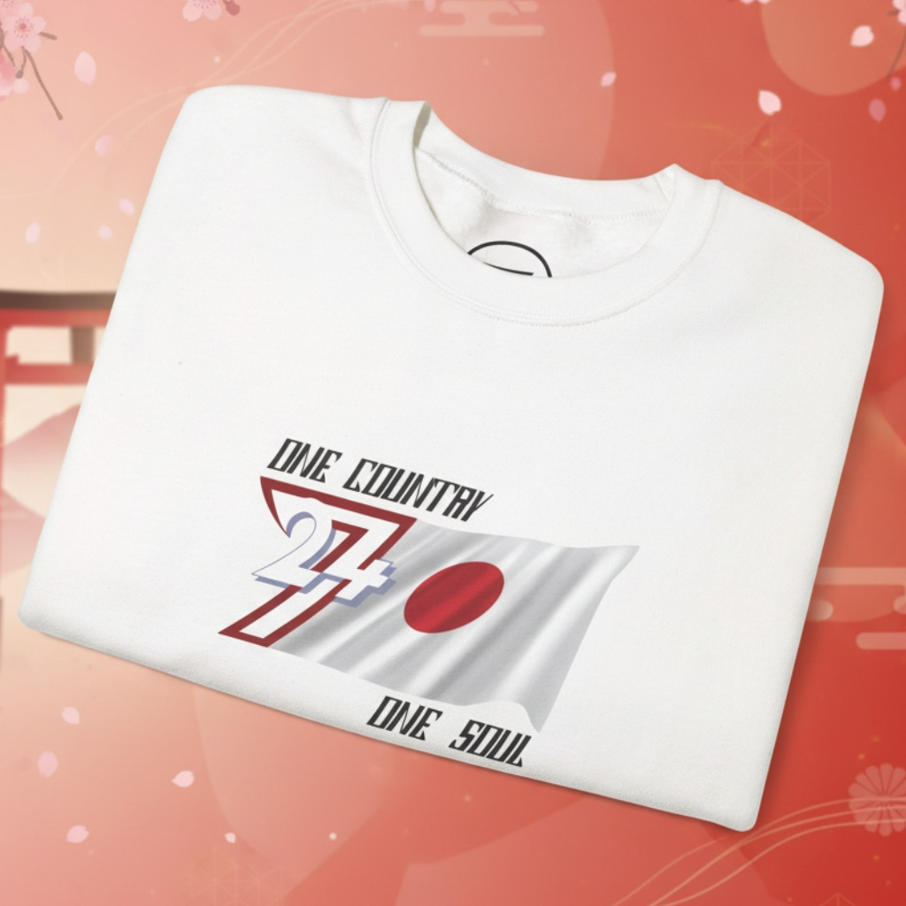 Japan Flag Crewneck Sweatshirt with hand-drawn vibrant sun-disk design on white cotton blend fabric