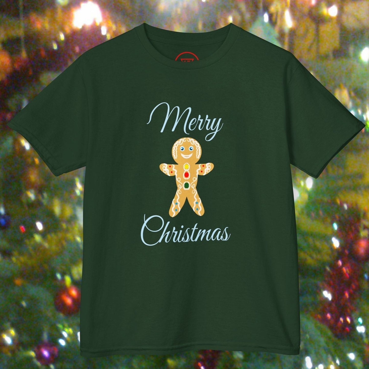 Kids Christmas gingerbread man t-shirt in green with festive "Merry Christmas" text and cute gingerbread illustration