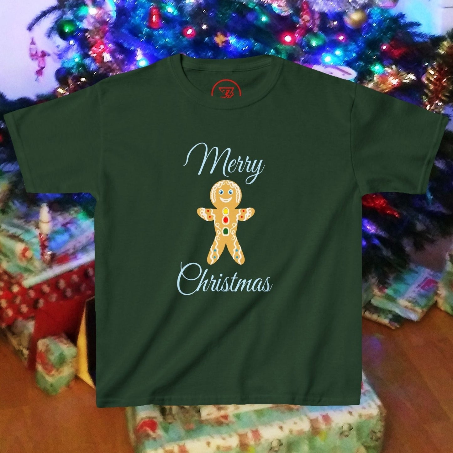 Kids Christmas t-shirt with festive gingerbread man illustration and "Merry Christmas" text, soft cotton tee for holiday season