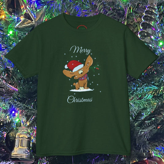 Kids Christmas tee with cute puppy wearing Santa hat on green shirt