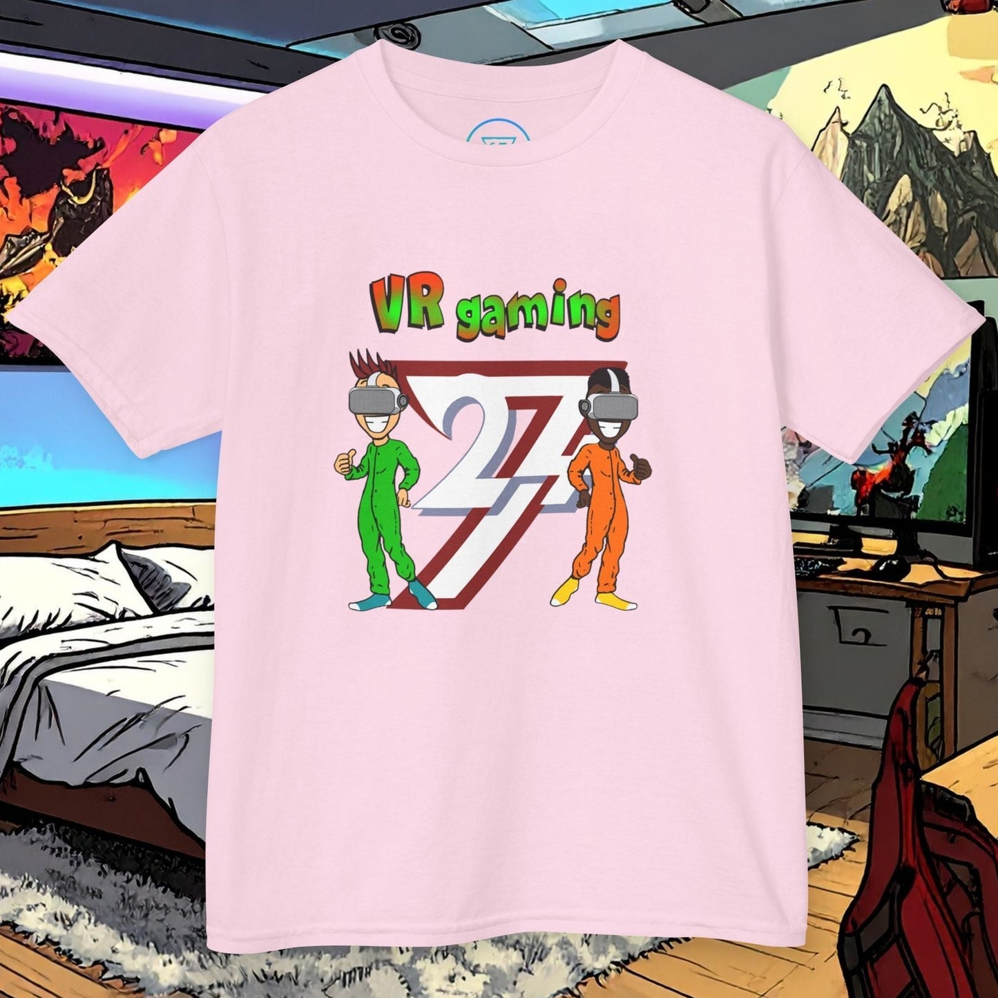 Kids VR gaming t-shirt with hand-drawn cartoon characters in vibrant colors on soft pink cotton fabric