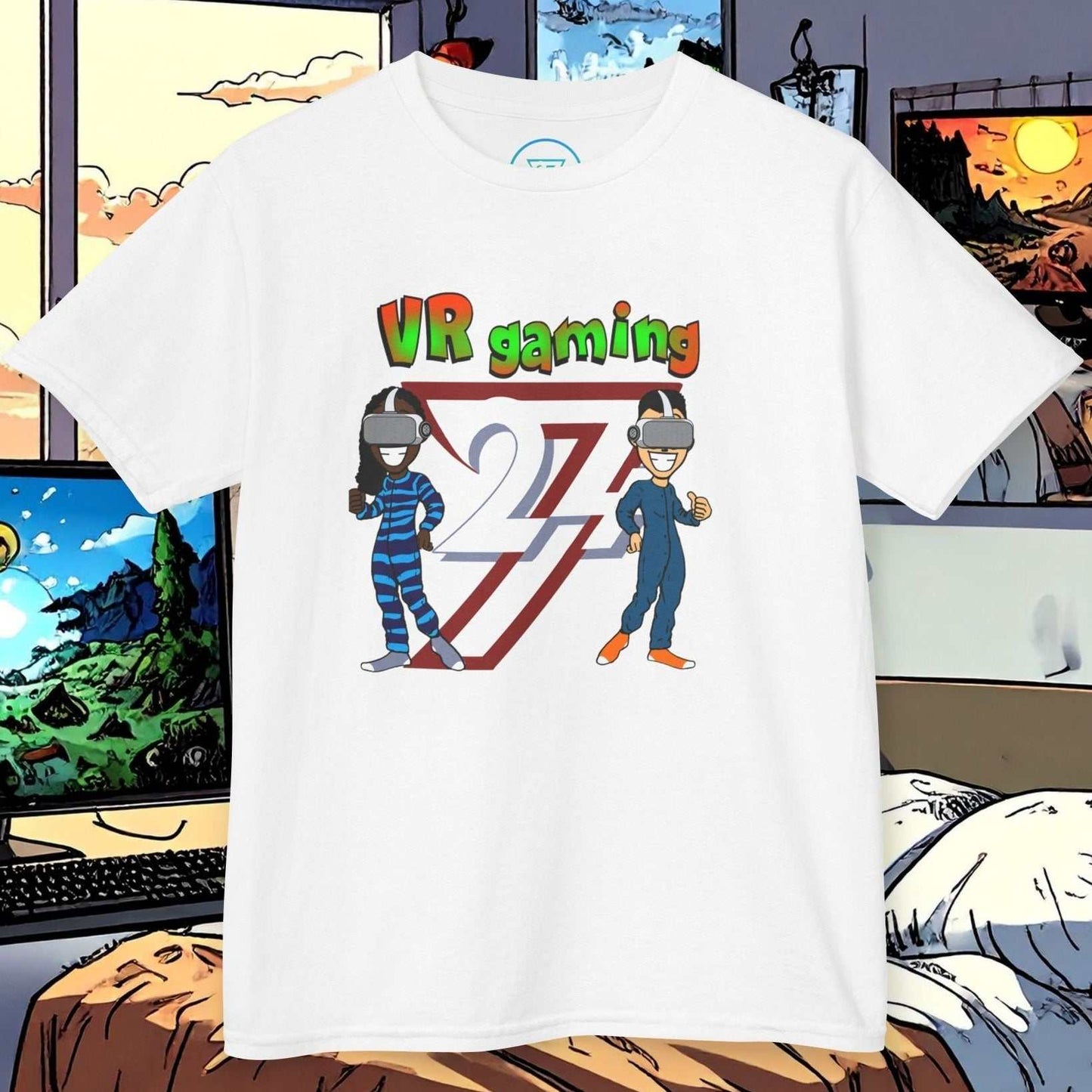 Kids VR gaming tee with vibrant cartoon characters and bold hand-drawn design on white cotton shirt