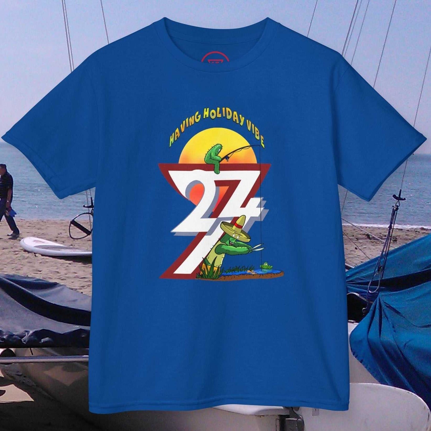 Kids blue fishing T-shirt with cactus and fishing rod design, summer outdoor apparel for children