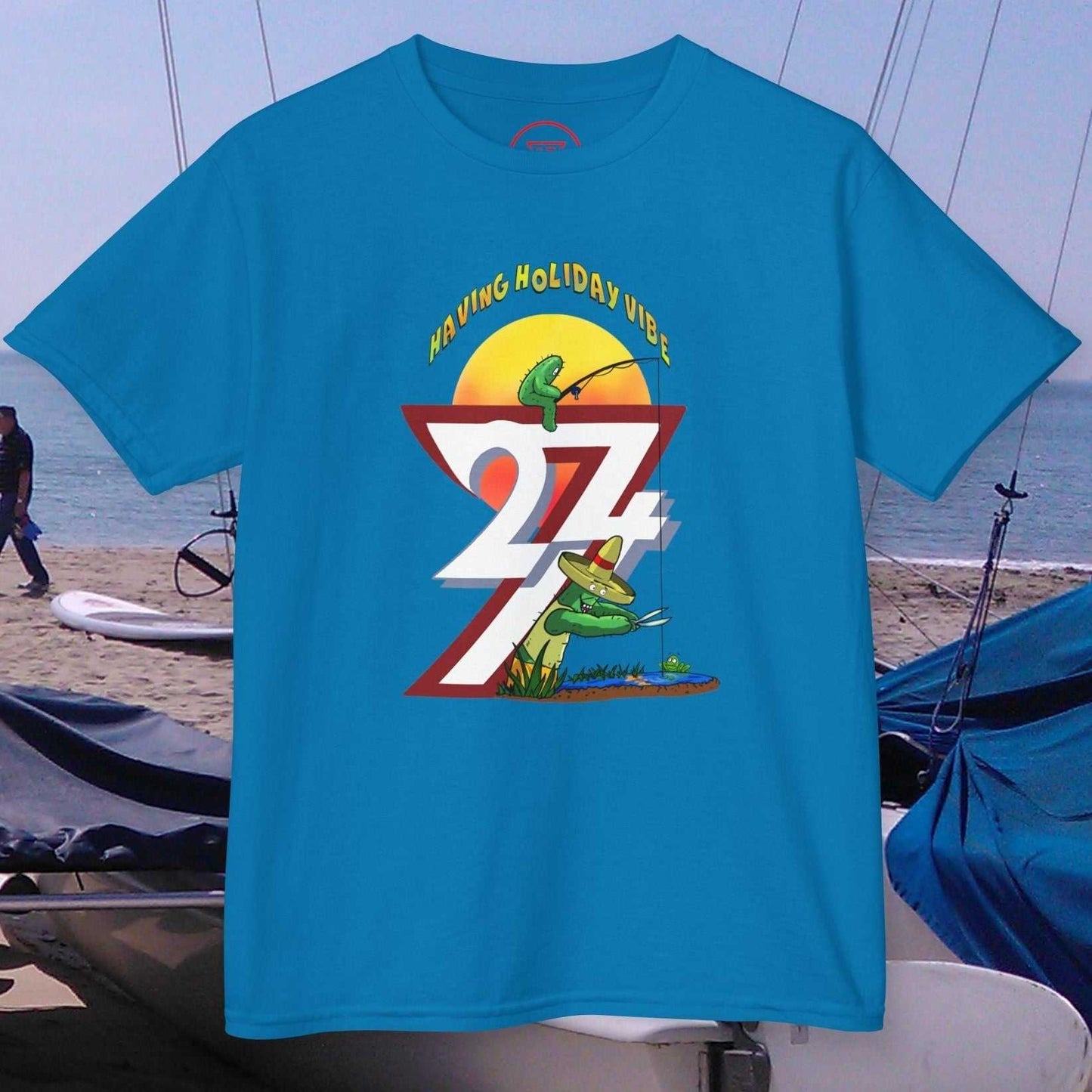 Kids fishing T-shirt with vibrant cactus and fishing design, perfect for summer outdoor activities and beach play