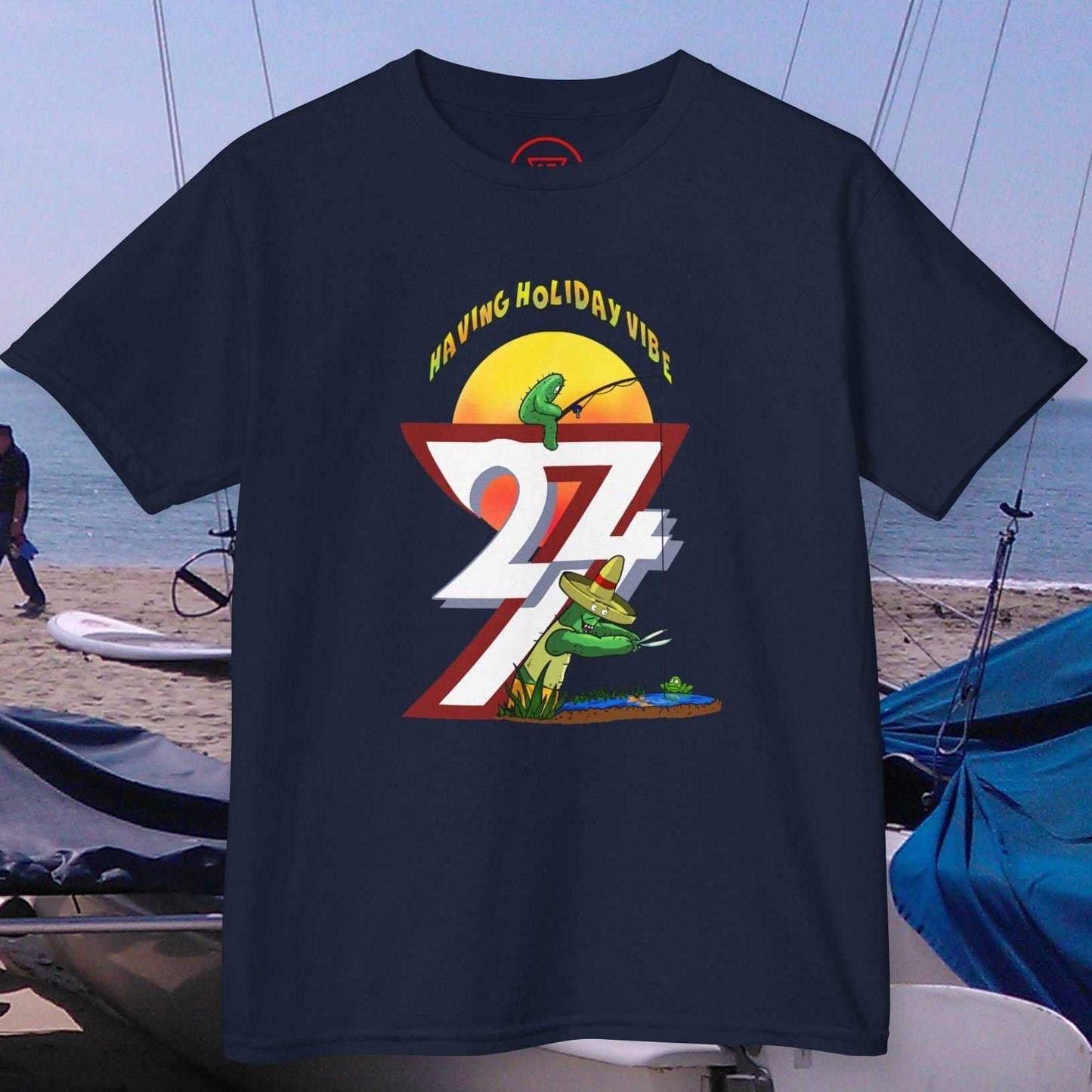 Kids fishing T-shirt with cactus design and holiday vibes, navy blue summer outdoor apparel