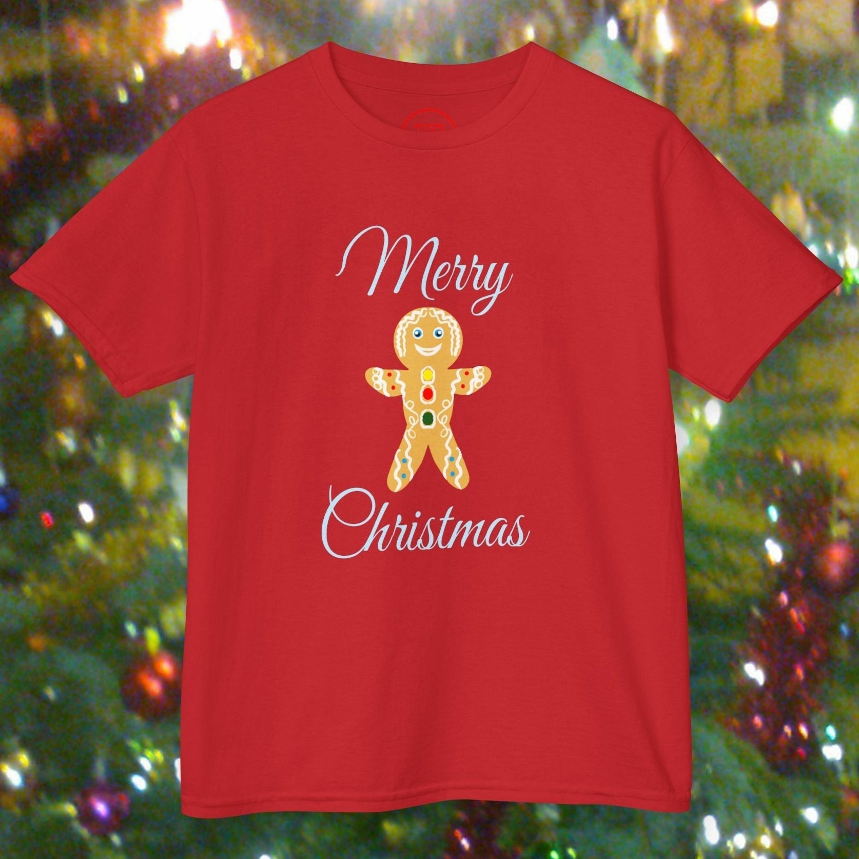 Kids red Christmas gingerbread man t-shirt with festive Merry Christmas text