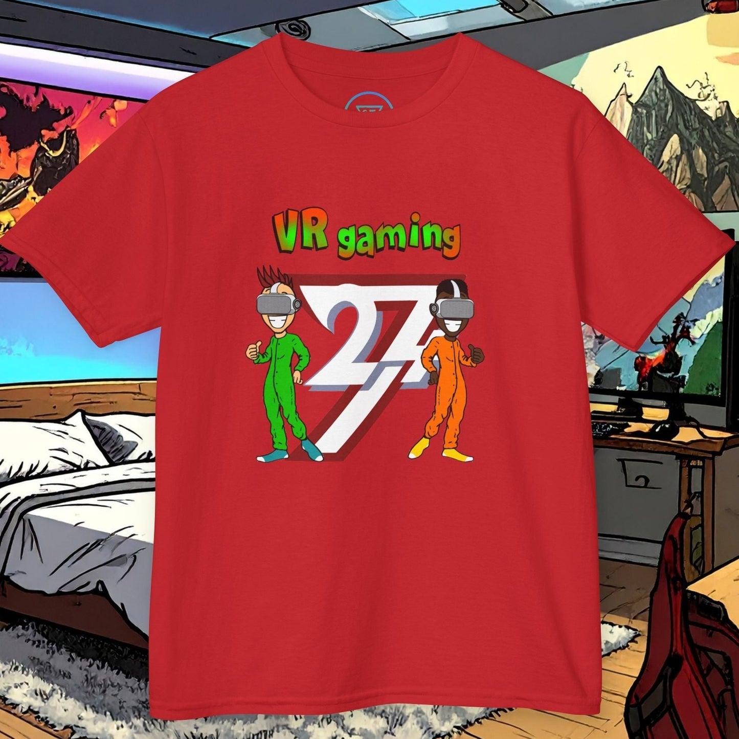Kids red VR gaming t-shirt with hand-drawn cartoon characters and colorful graphics