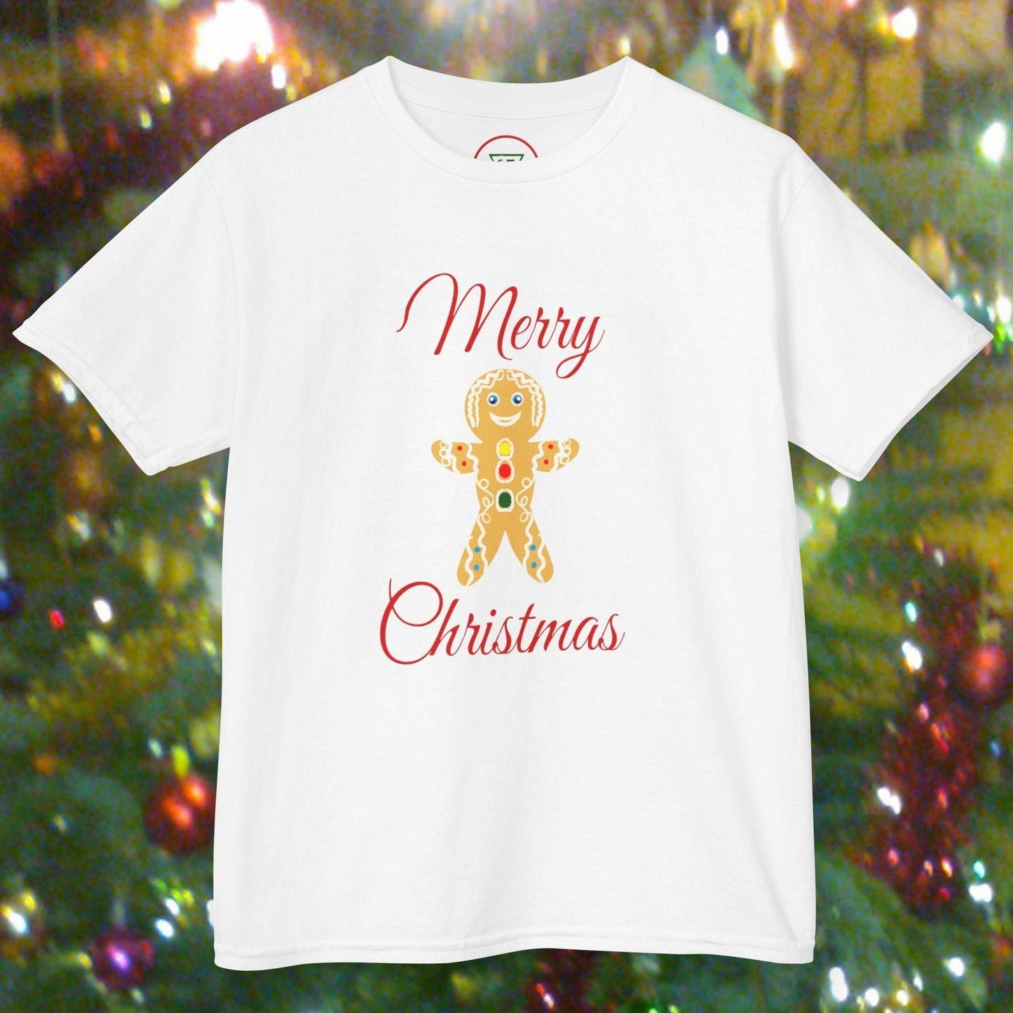 Kids white Christmas t-shirt with festive gingerbread man and Merry Christmas text