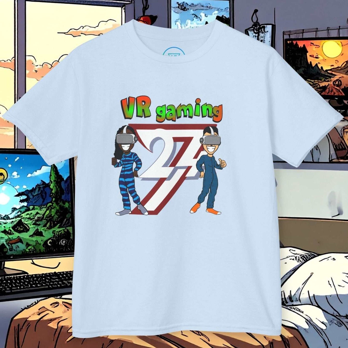 Kids white VR gaming tee with colorful cartoon characters wearing VR headsets and playful text design on front