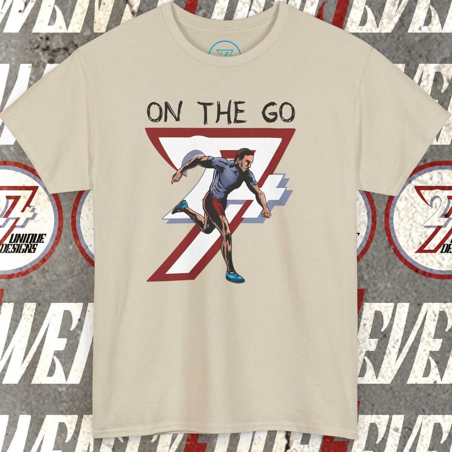 Light beige running sports tee with hand-drawn illustration of a runner and "On The Go" text.