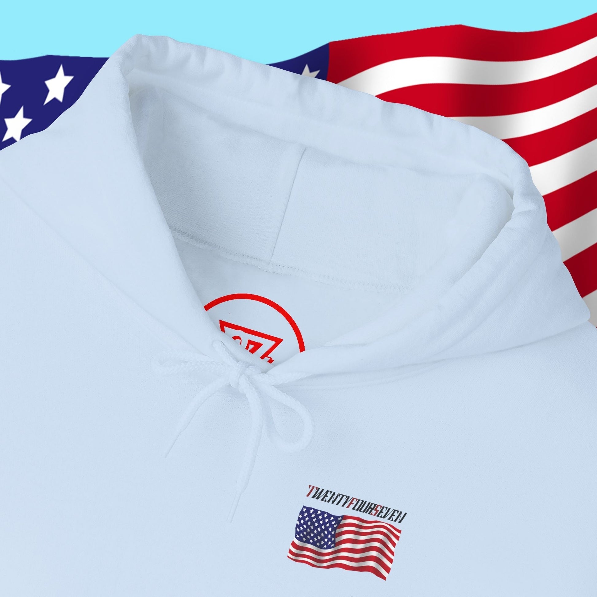 Light blue American flag hoodie with patriotic US flag design and adjustable drawstring hood