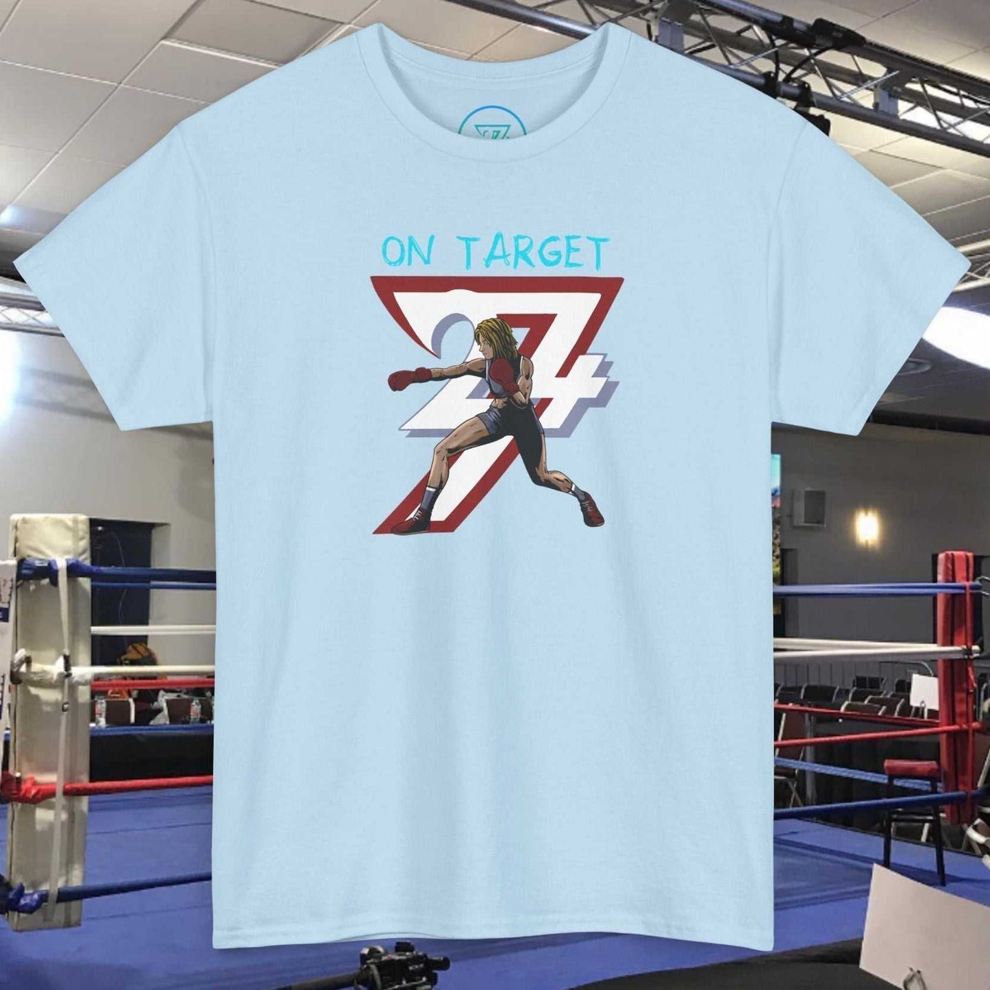 Light blue Boxer Girl T-Shirt featuring hand-drawn female boxer artwork with "On Target 74" text, suitable for fighters and combat sports fans.