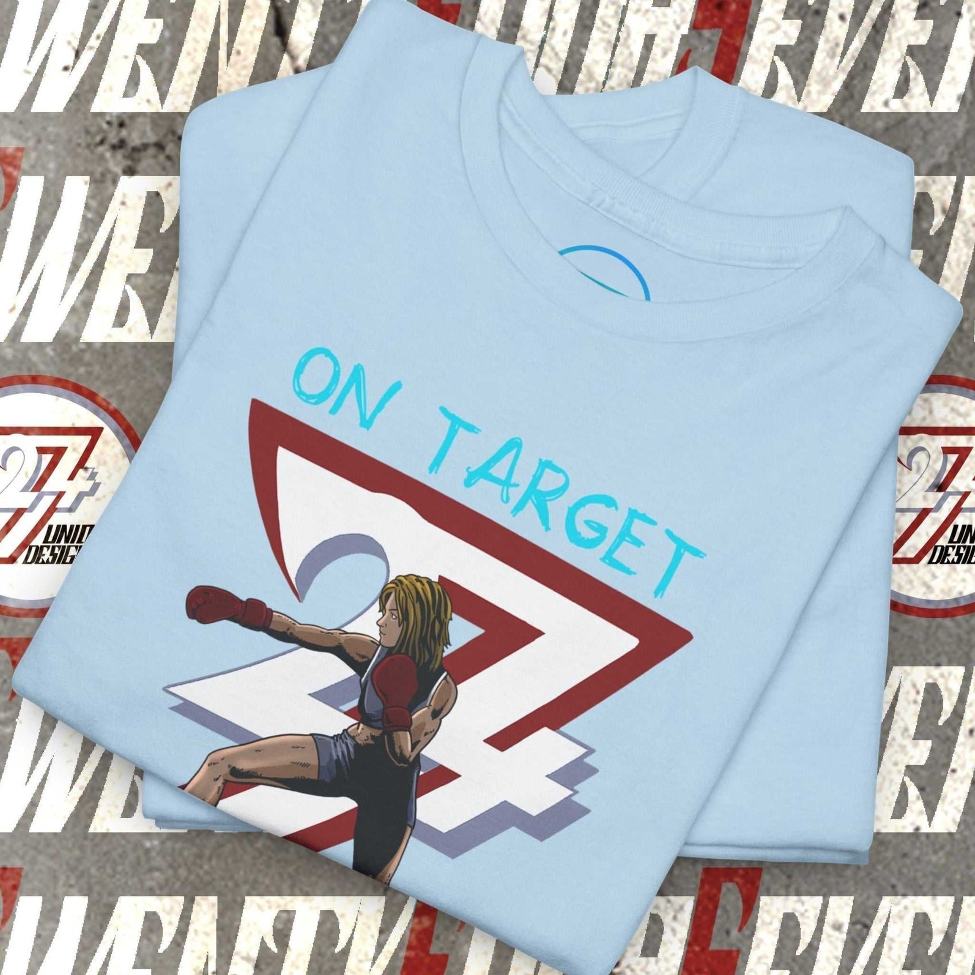 Light blue Boxer Girl T-Shirt featuring hand-drawn female boxer with "On Target 27" text, perfect for fighters and combat sports fans.