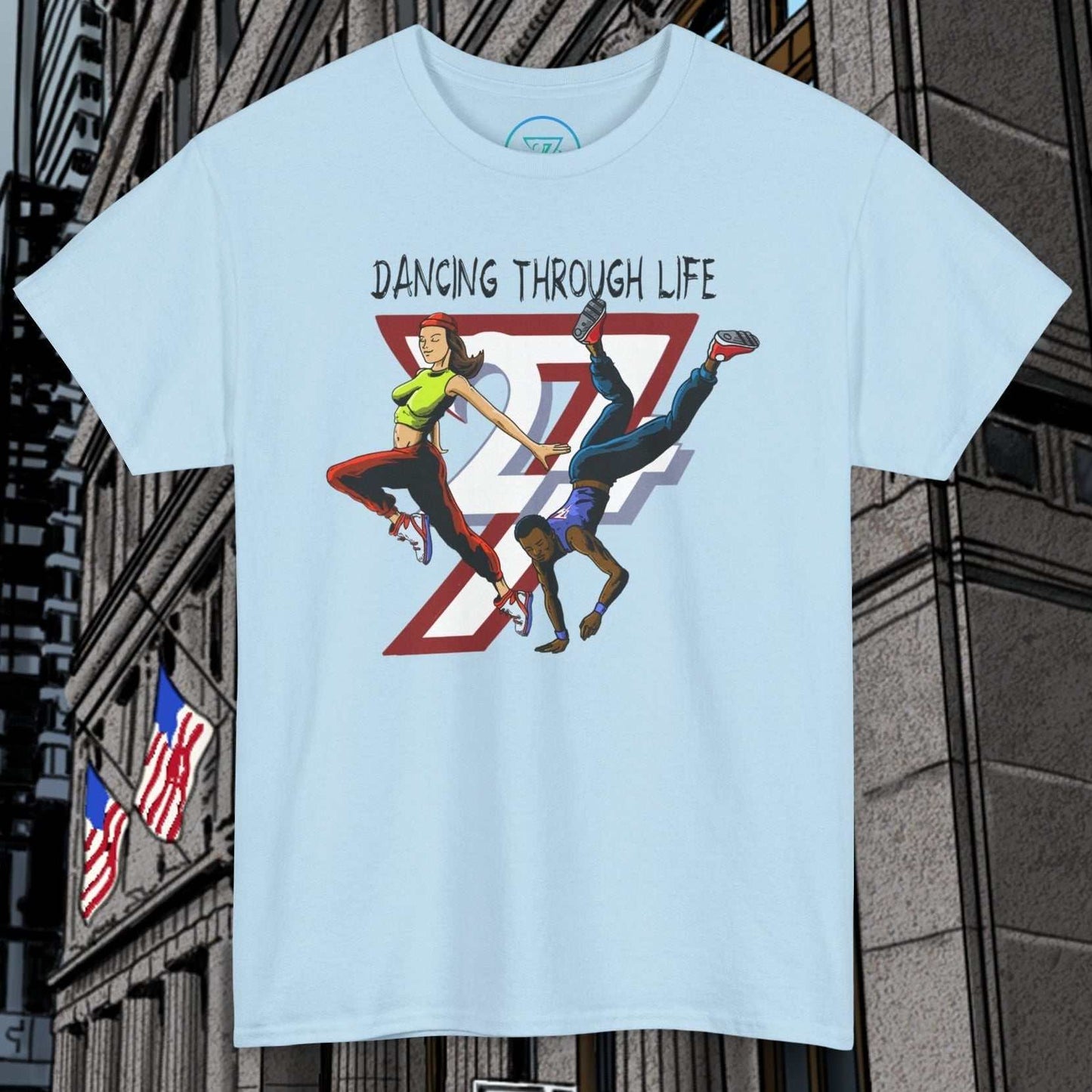 Light blue Street Dance Comic Art T-Shirt with urban hip-hop dancers graphic and "Dancing Through Life" text