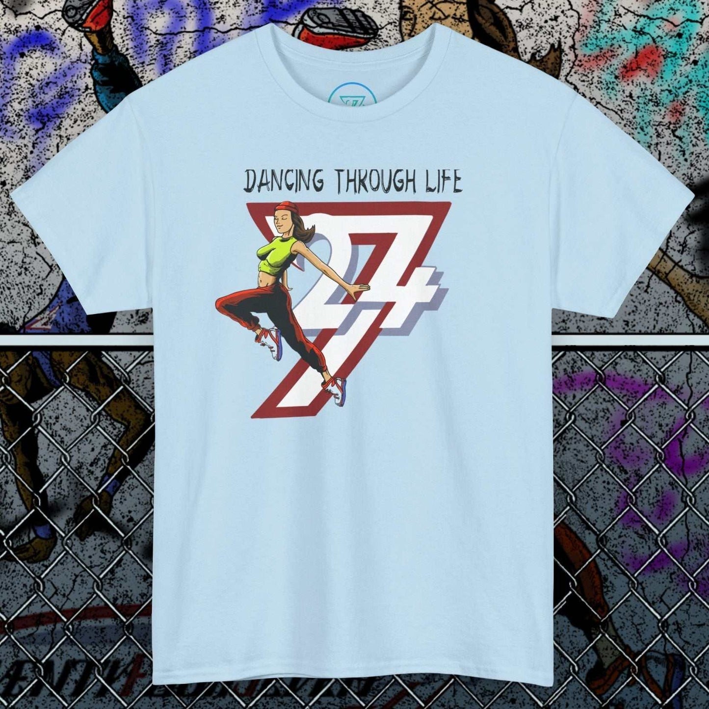 Light blue Street Dance Graphic Tee with vibrant hand-drawn dancer and "Dancing Through Life" text urban style design