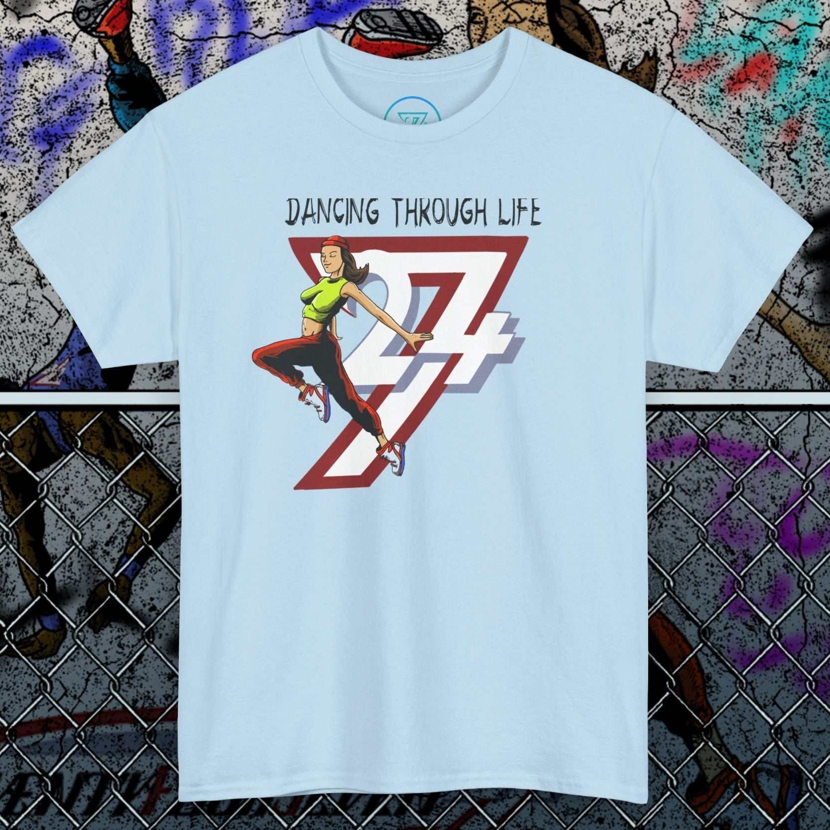 Light blue Street Dance Graphic Tee with vibrant hand-drawn dancer and "Dancing Through Life" text urban style design