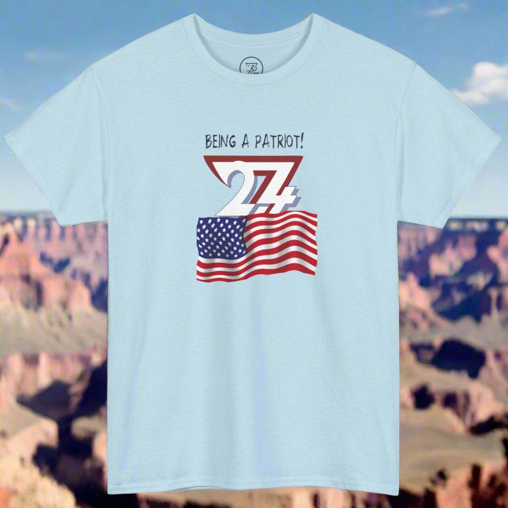 Light blue USA Flag t-shirt with "Being a Patriot" text and American flag graphic by 24/7 Unique Designs