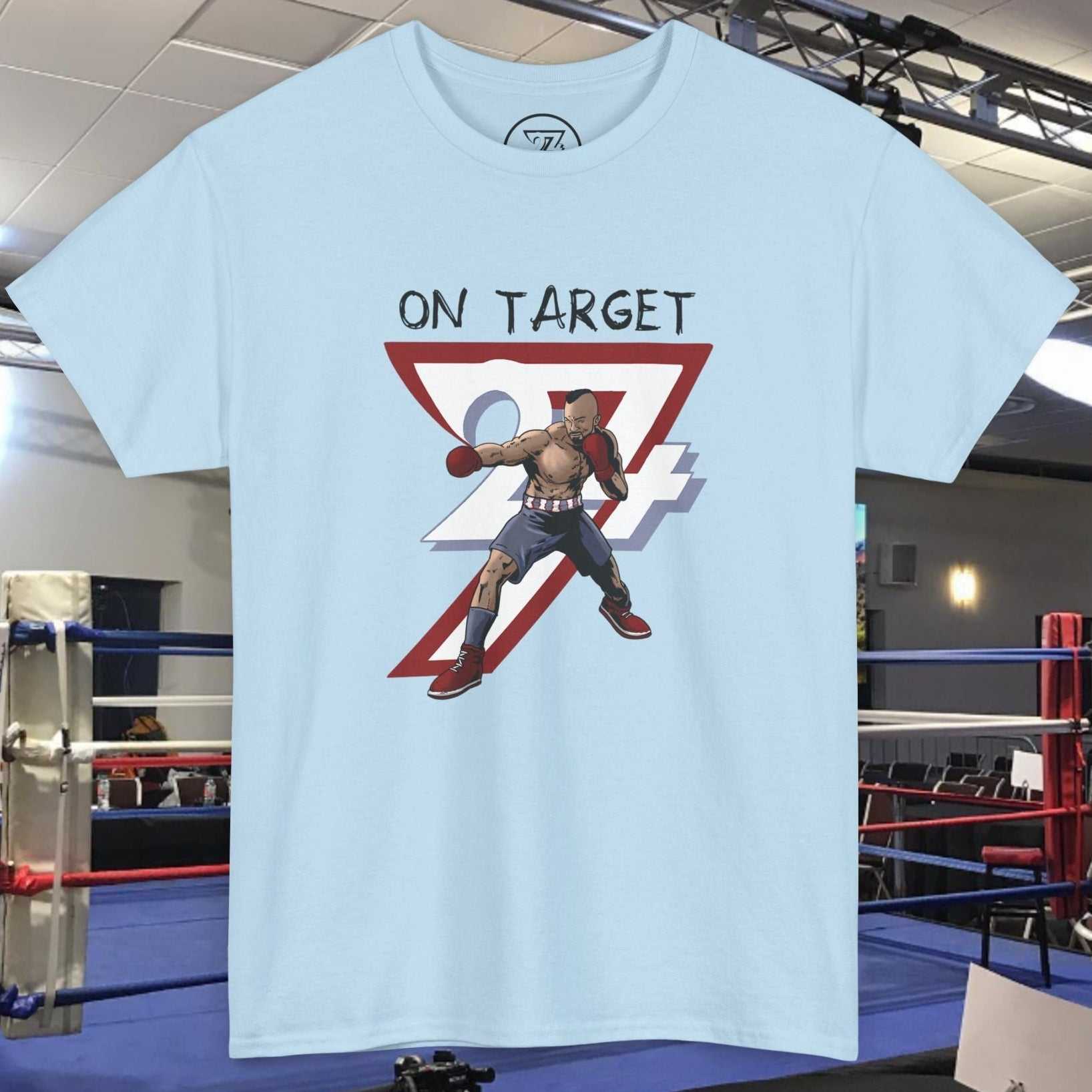 Light blue boxing graphic shirt with hand-drawn boxer and "ON TARGET" text in a boxing ring setting