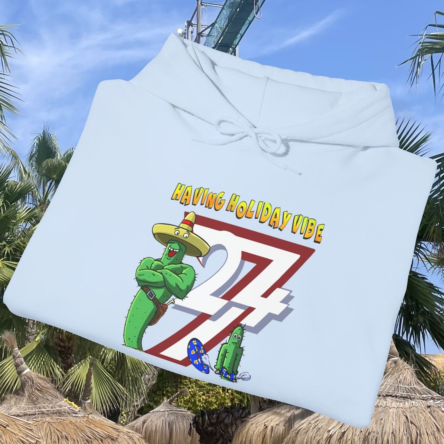 Light blue cactus hoodie with cartoon cactus character and "Having Holiday Vibe" text, perfect summer family love sweatshirt