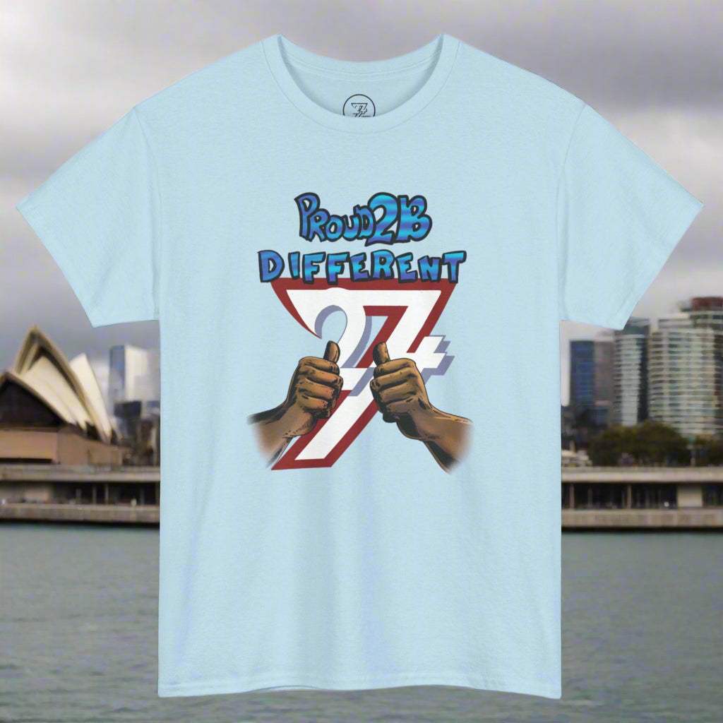 Light blue custom tee with bold illustration showing two hands giving thumbs up and text "Proud 2B Different"