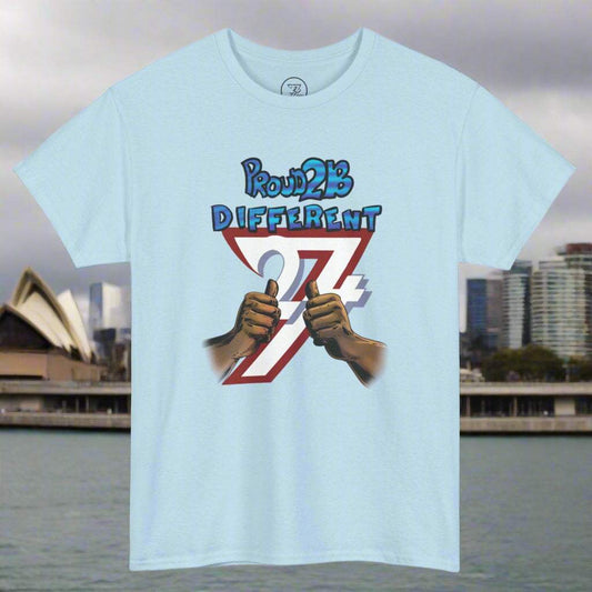 Light blue custom tee with bold illustration showing two hands giving thumbs up and text "Proud 2B Different"