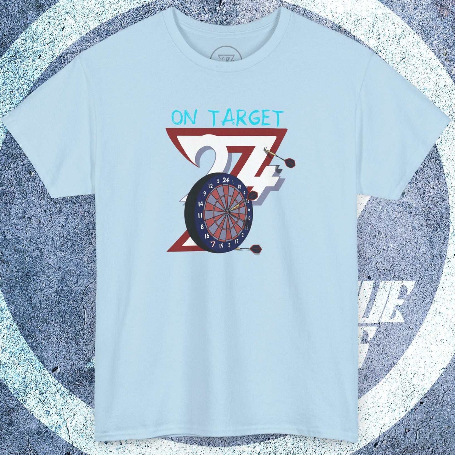 Light blue darts t-shirt with hand-drawn dartboard and "On Target" text, casual crew neck design.