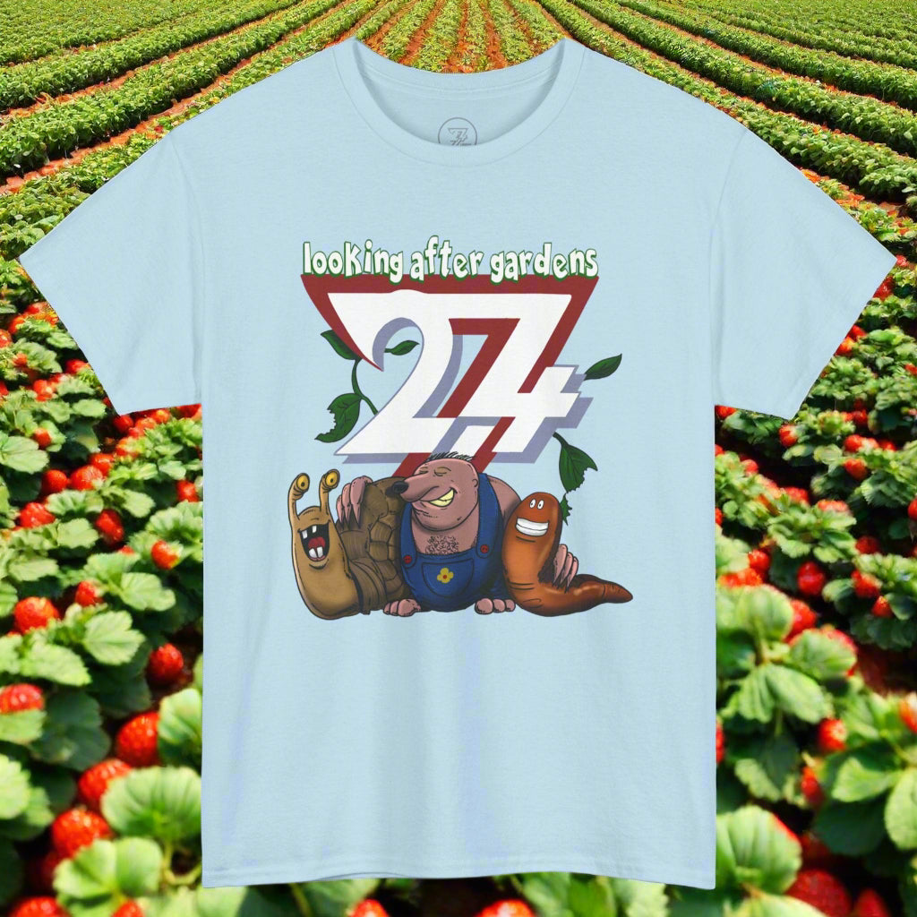 Light blue fun t-shirt featuring a cartoon Gardening Squad with slug, mole, and snail design on front