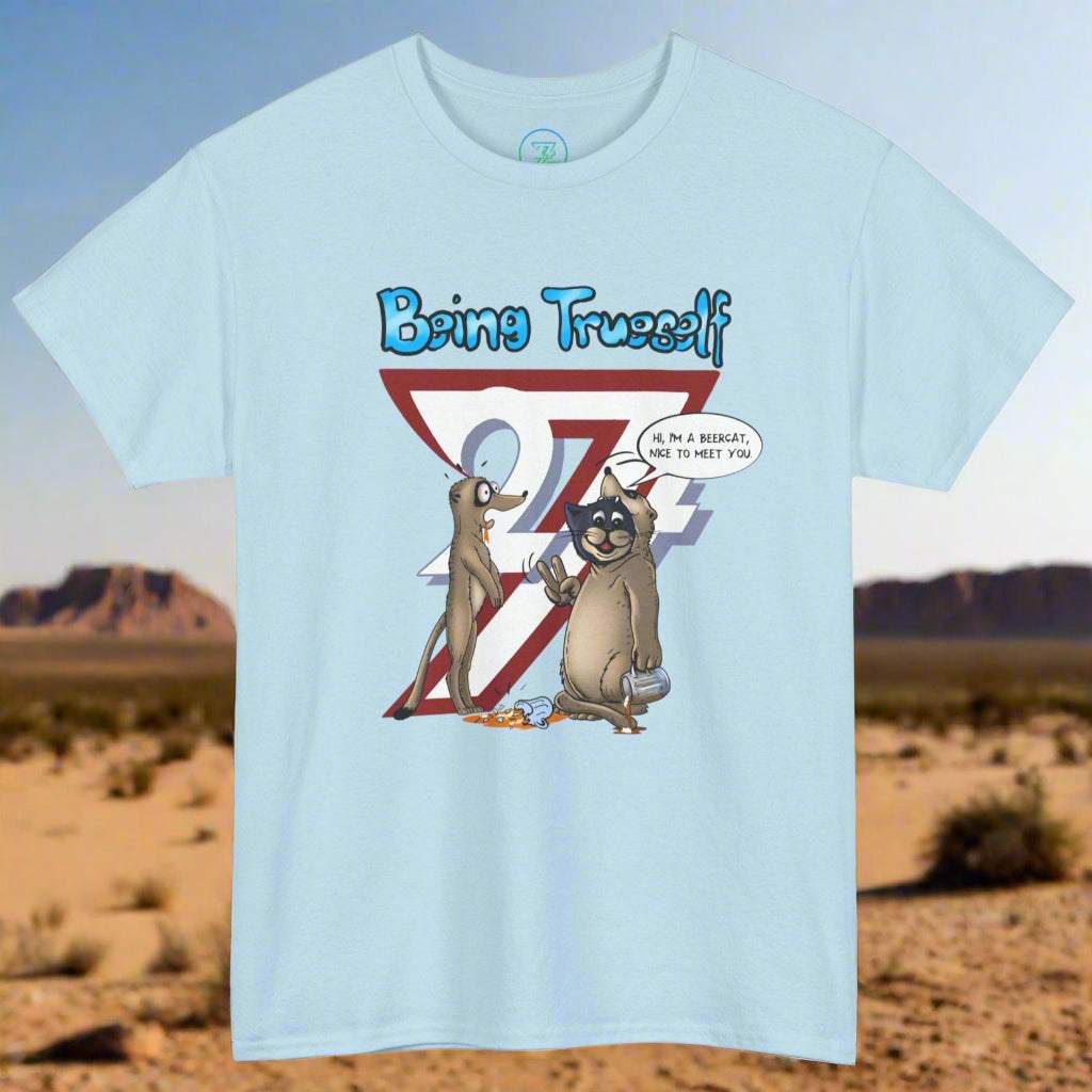 Light blue funny cat t-shirt featuring cartoon cat and meerkat with "Being Trueself" text design