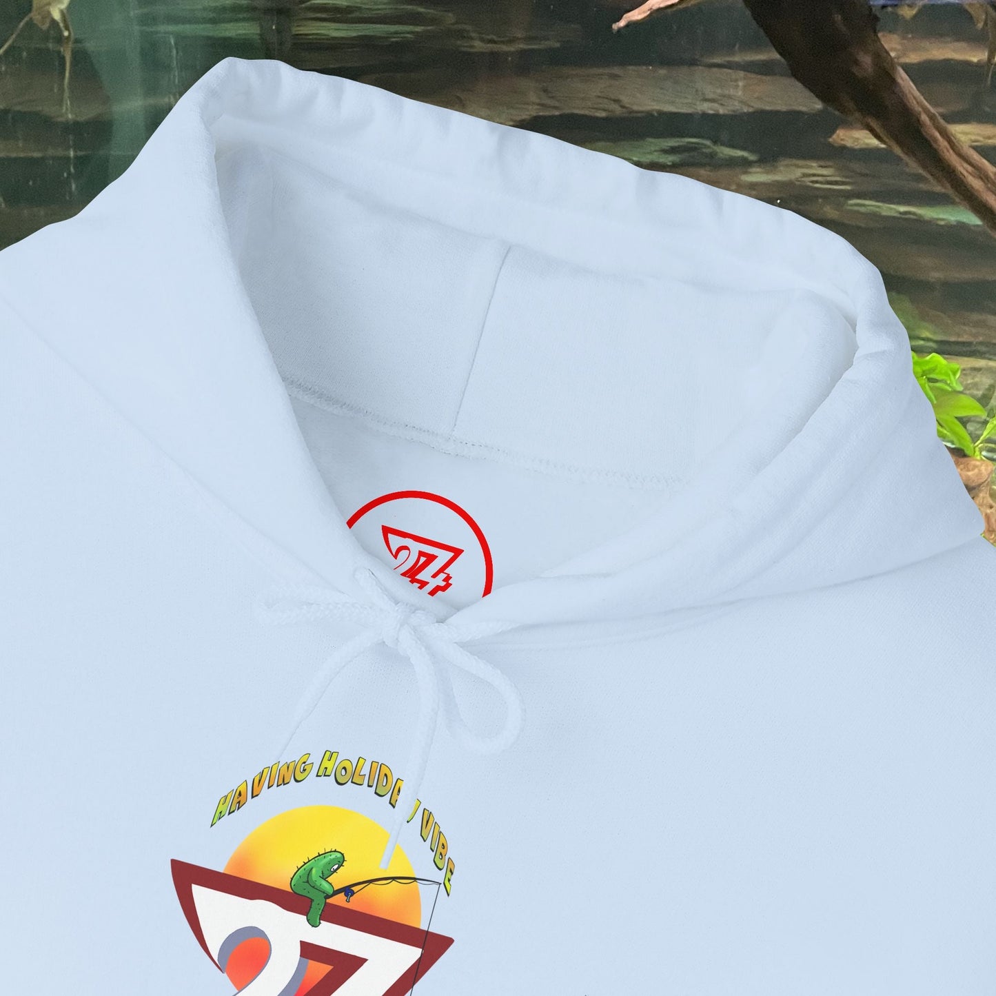 Light blue funny fishing hoodie with summer holiday cactus fishing design and drawstring hood