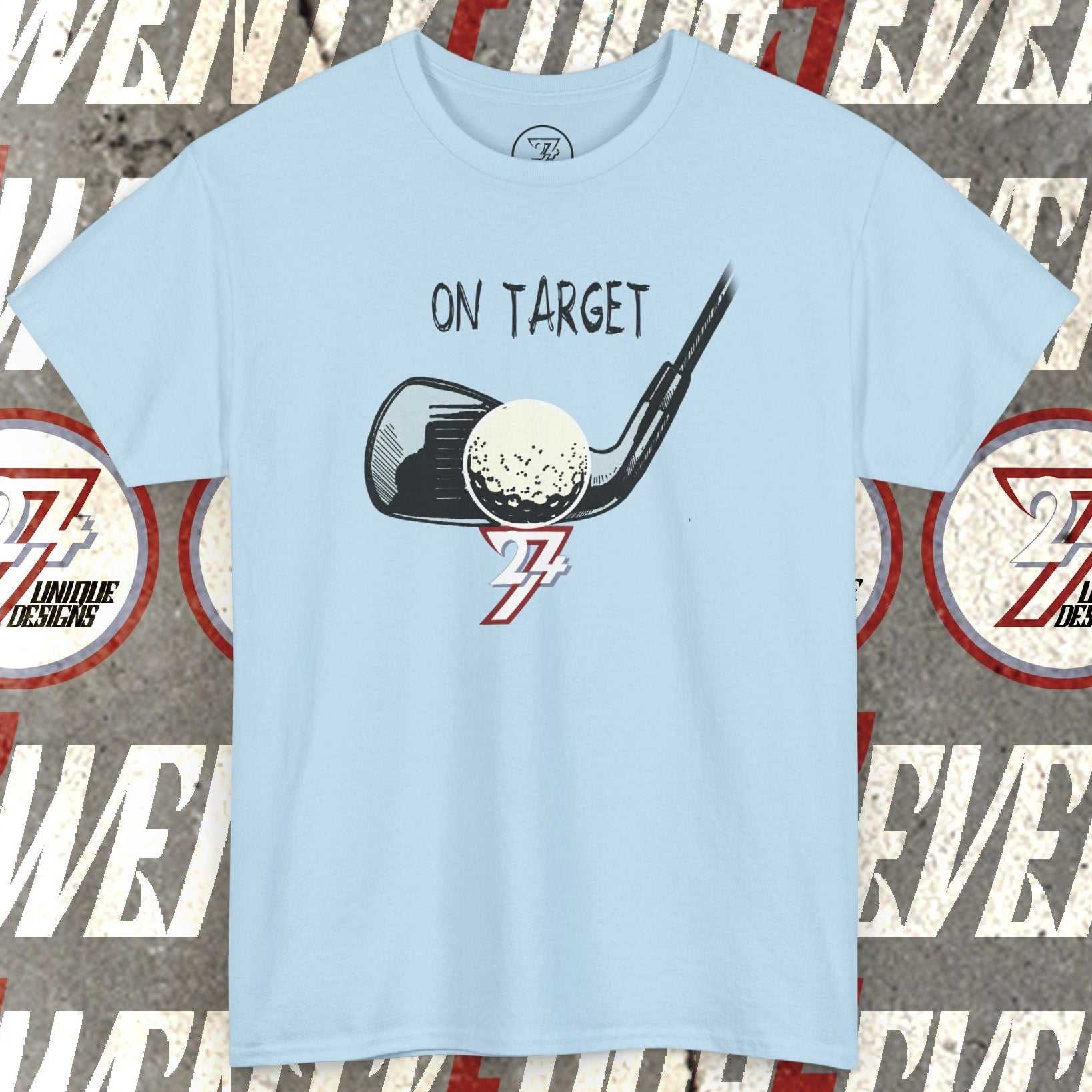 Light blue golf graphic t-shirt with hand-drawn golf ball and club illustration and "ON TARGET" text