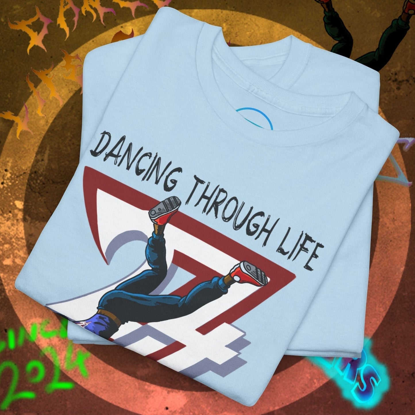 Light blue groovy hip-hop dance tee with urban streetwear graphic and "Dancing Through Life" text